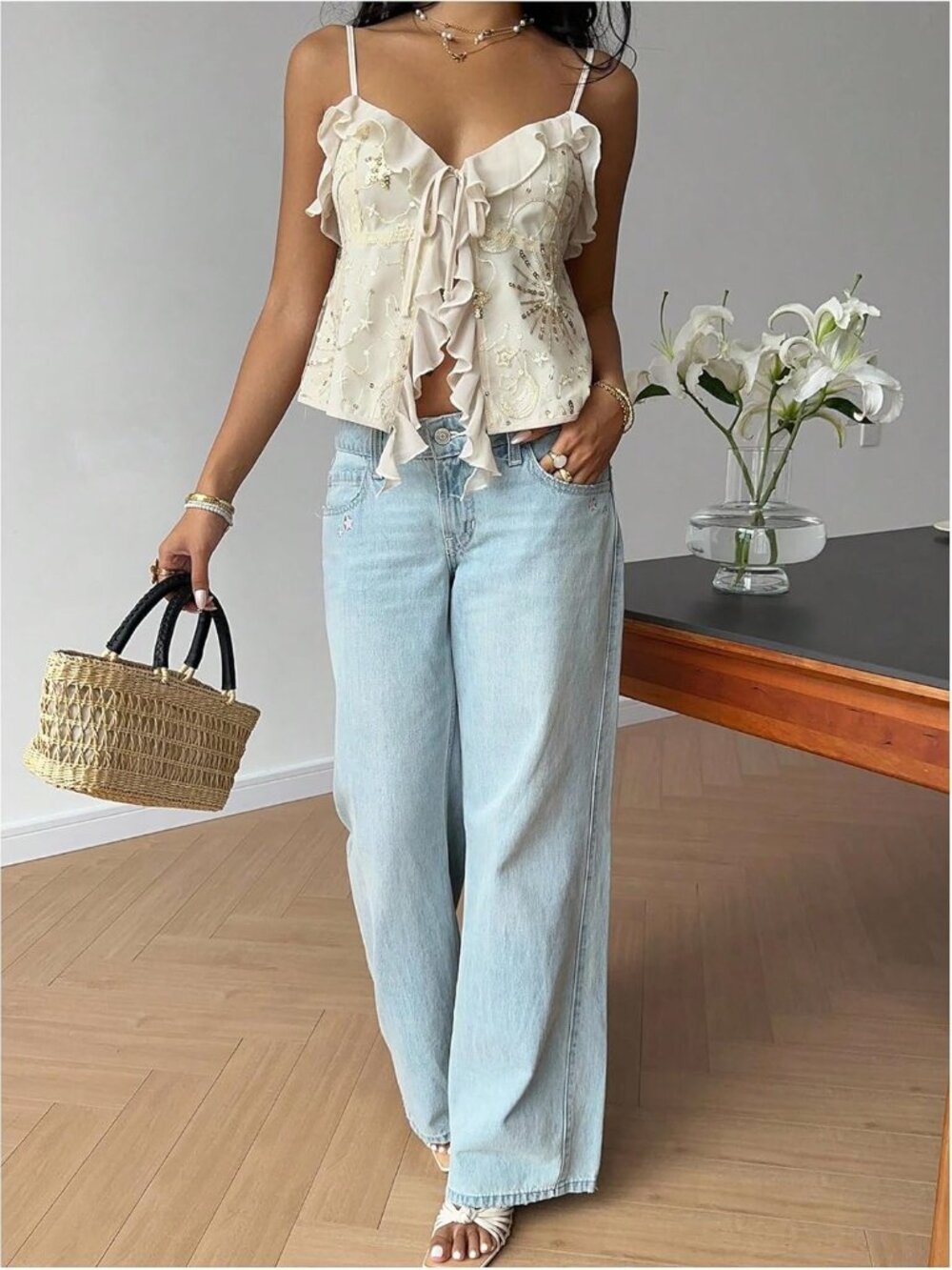 Women's Y2k Sparkly Sequin Tops Going Out Tie Front Ruffle Tops Cute Summer Cami - Picture 5 of 5